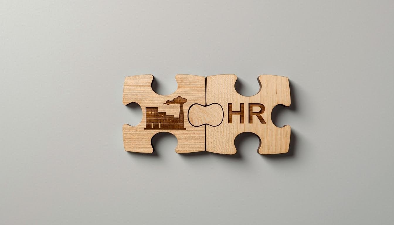 Two wooden puzzle pieces connecting HR functions directly to organizational business objectives.