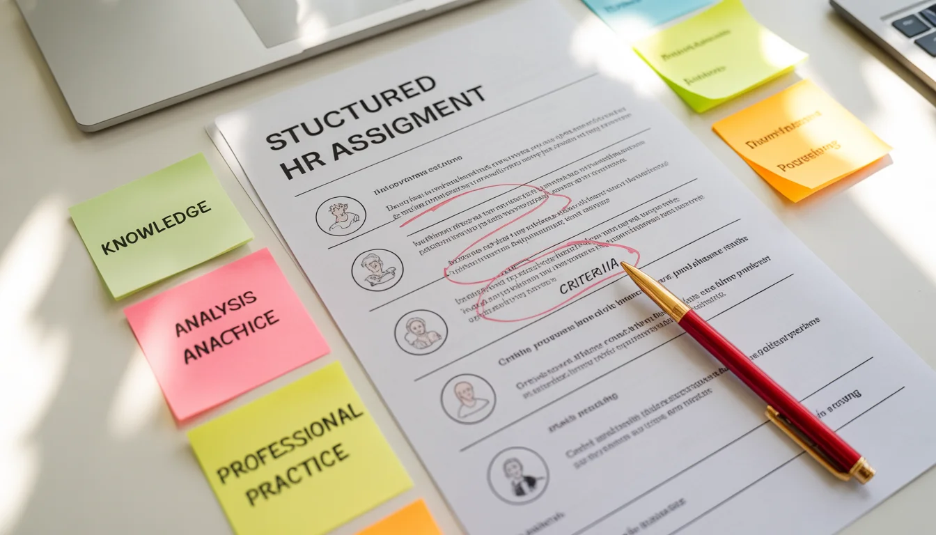 CIPD assignment assessment criteria showing four key pillars — knowledge, analysis, professional practice and Harvard referencing