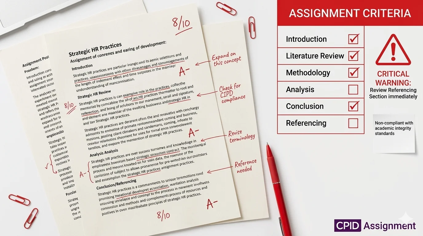 Common CIPD assignment mistakes highlighted on a marked paper with assessor correction notes
