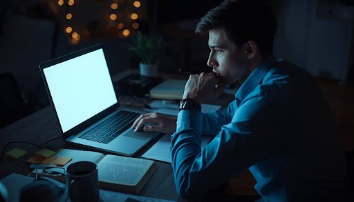 Professional working late at a desk, looking thoughtfully at a blank laptop screen, representing the common struggle of starting a CIPD assignment.