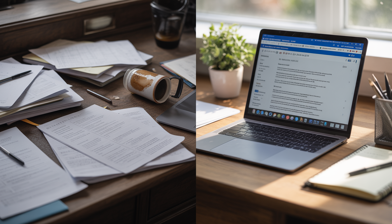 Split-screen image comparing a stressed, disorganized workspace with a clean, highly structured study area, highlighting the importance of avoiding common assignment mistakes.