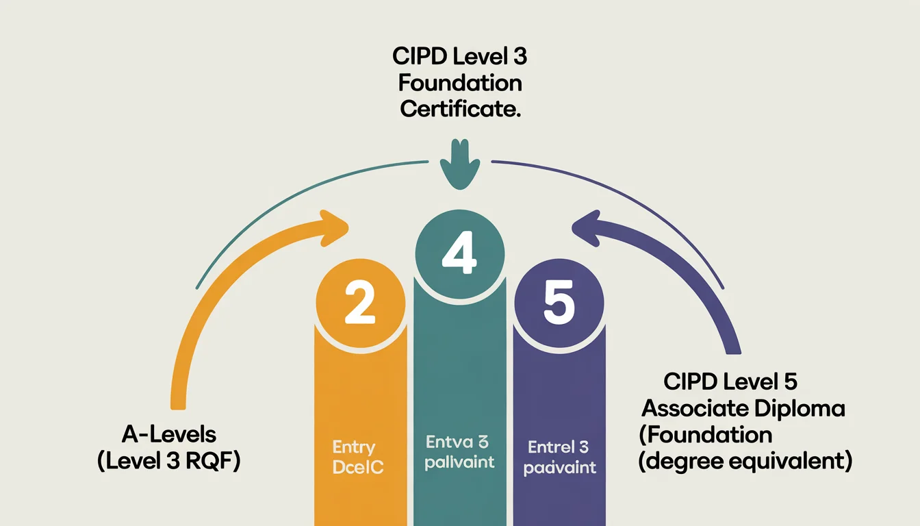 A professional infographic comparing UK qualification levels, highlighting CIPD Level 3 as equivalent to A-Levels and the starting point towards Level 5 and degree-level qualifications.