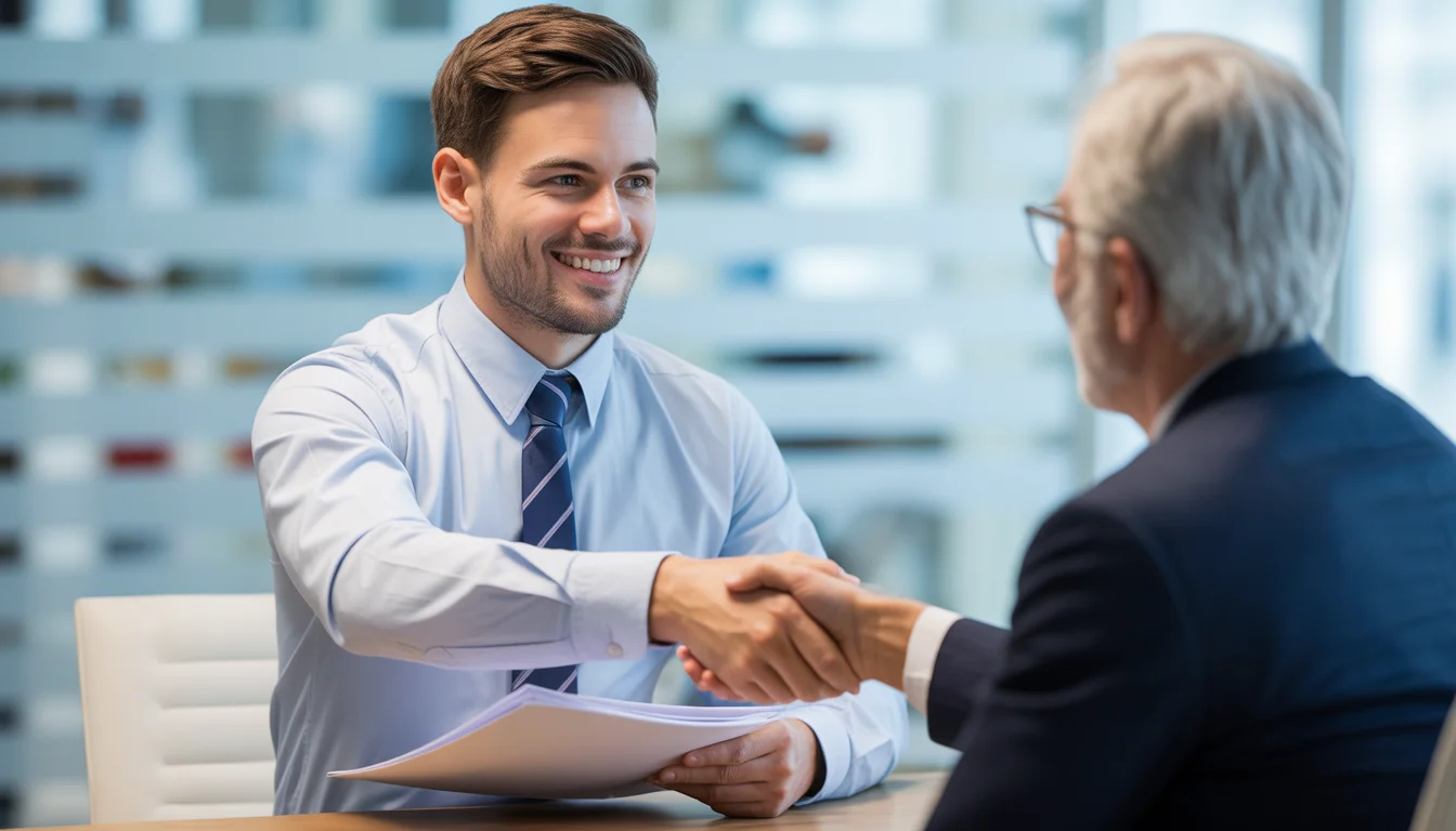A smiling HR professional shaking hands with a manager in a UK office, symbolising career progression, promotion, and the strong return on investment from completing a CIPD Level 3 qualification.