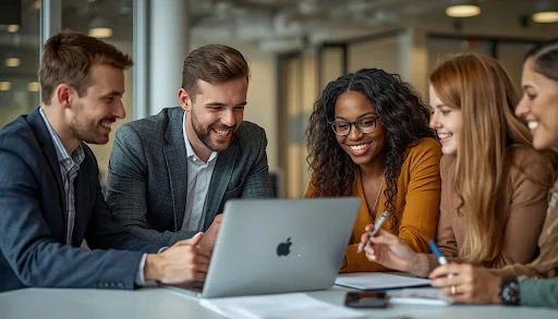 A diverse group of young HR professionals collaborating around a table in a modern UK office, representing the accessible and collaborative nature of the CIPD Level 3 qualification.